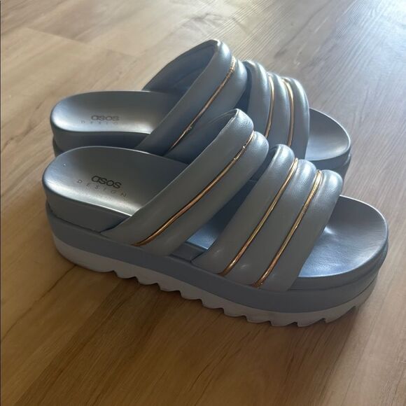 ASOS Blue and Gold Platform slide Mule Sandals with Chunky pillow Design - Picture 1 of 6